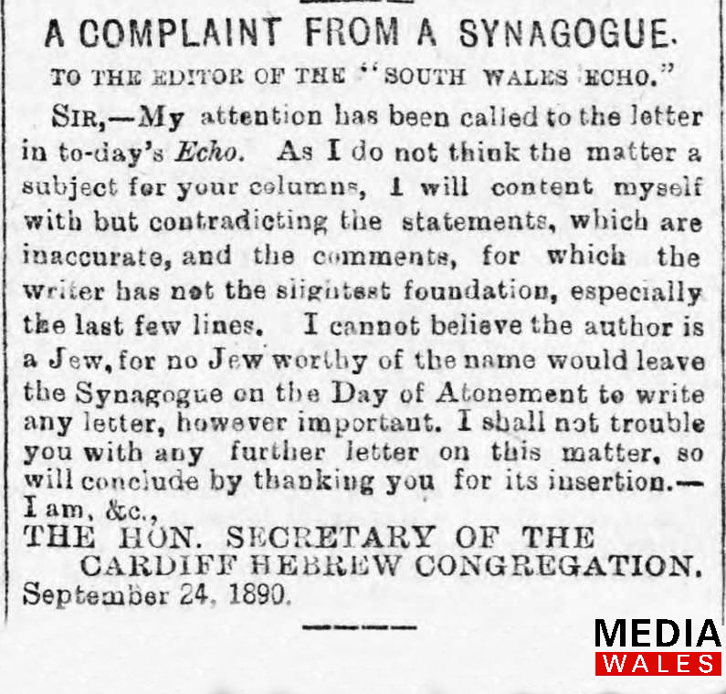 Old Newspaper clipping 25th September 1890 'A Complaint from a Synagogue'